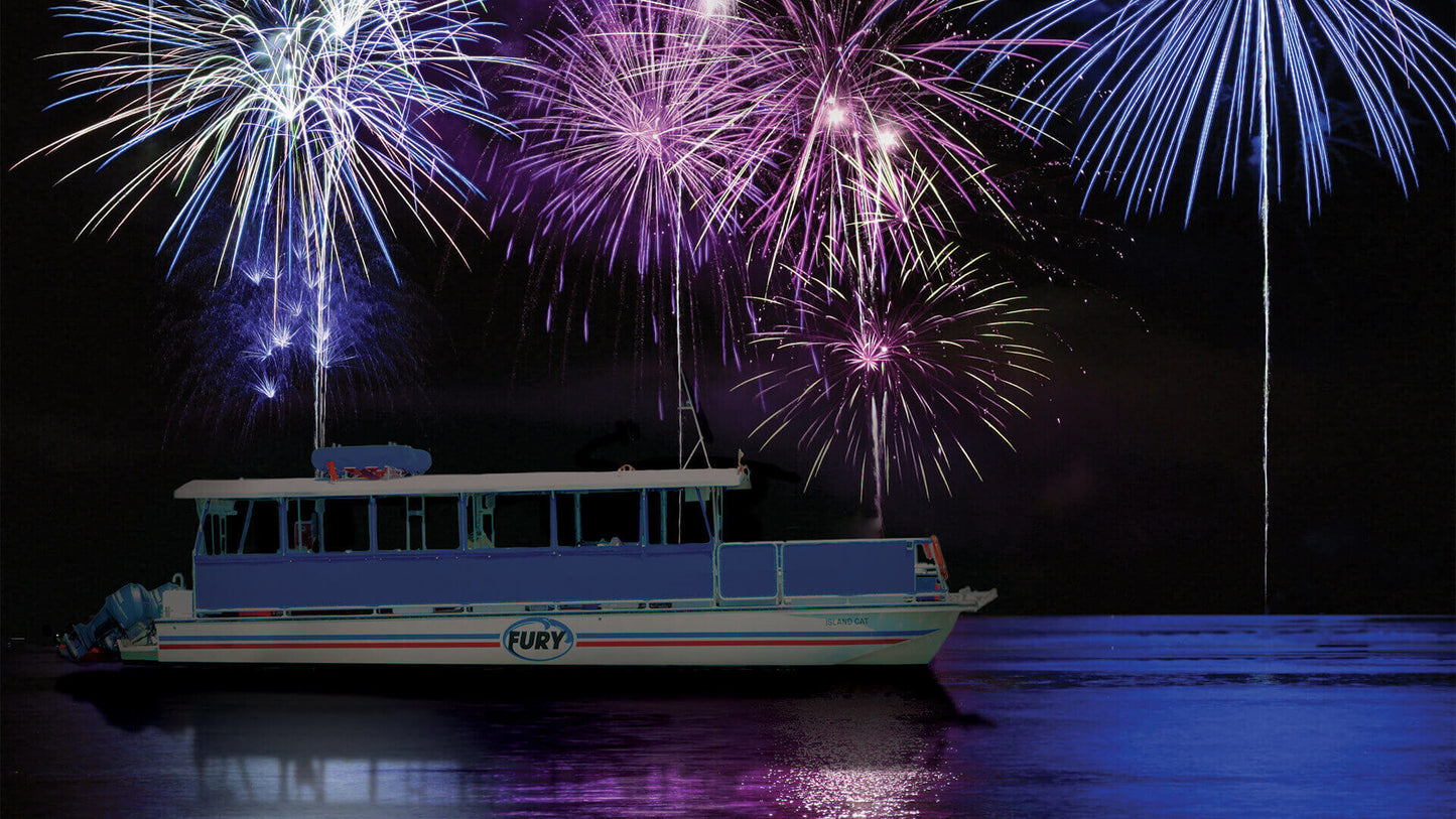 Fireworks show during a party boat cruise on the Jersey Shore, Brick, NJ.